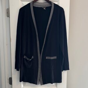 Black Cardigan with White Geometric Trim